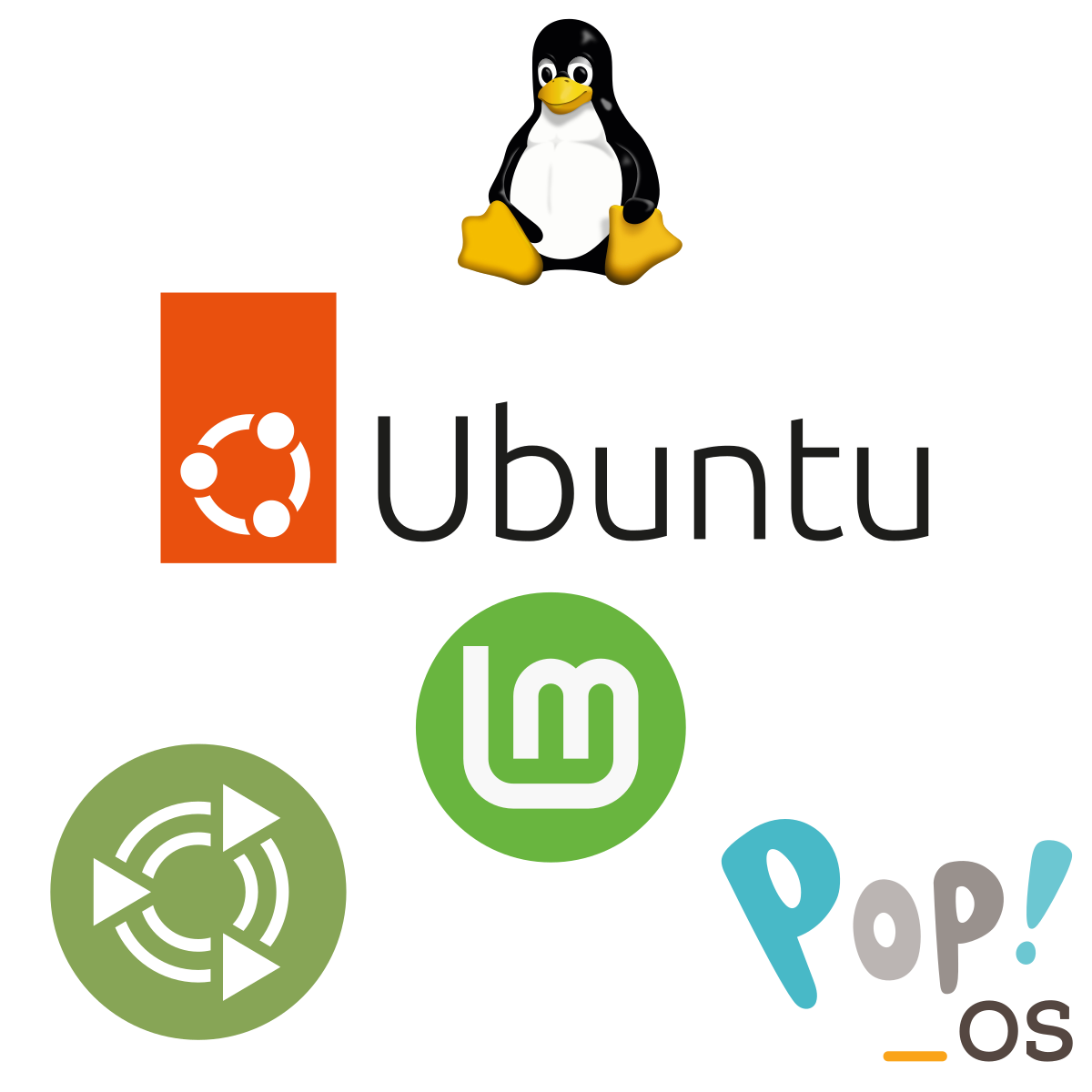 An Image of the Linux Logo, Ubuntu Logo, Ubuntu Mate Logo, Linux Mint Logo, and Pop! OS logo